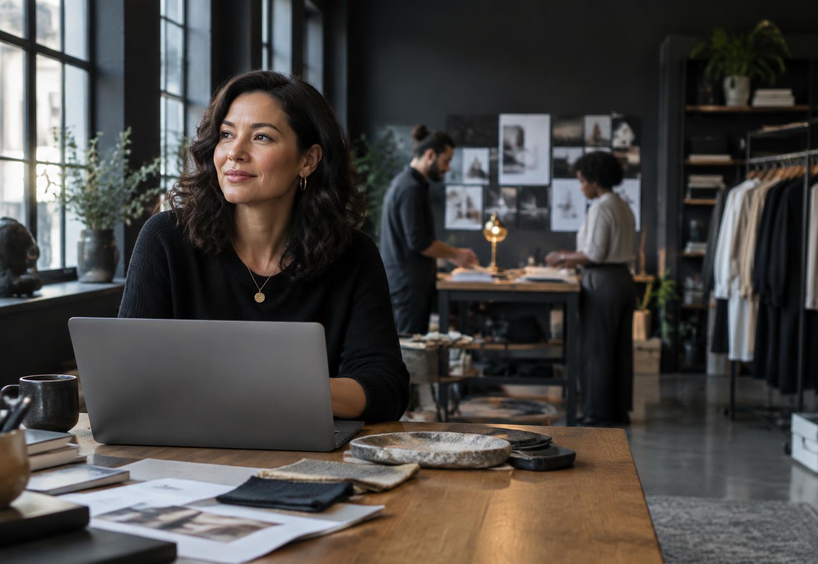 A small business founder working with her team